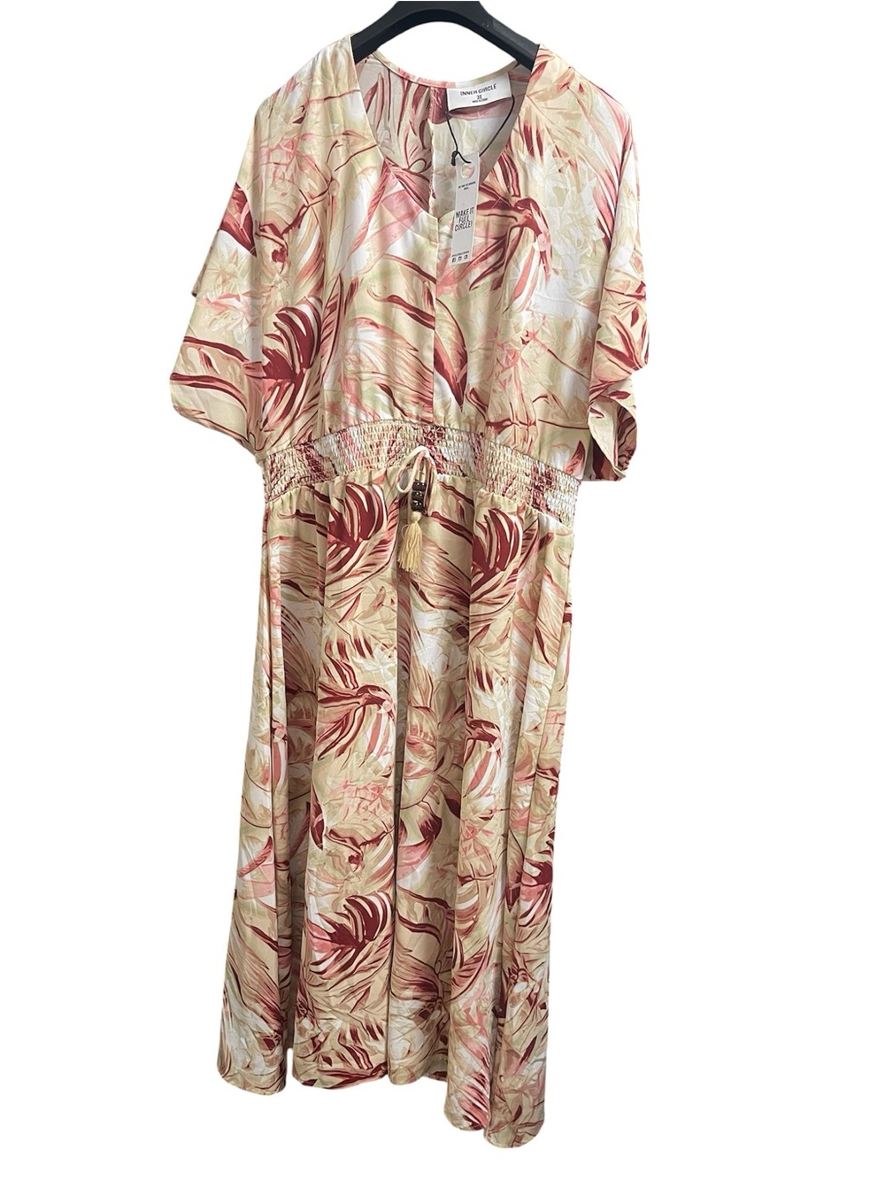 INNER CIRCLE FLOWY TROPICAL PRINT MAXI DRESS WOMEN DROP SHOULDER BEIGE/PINK 3X